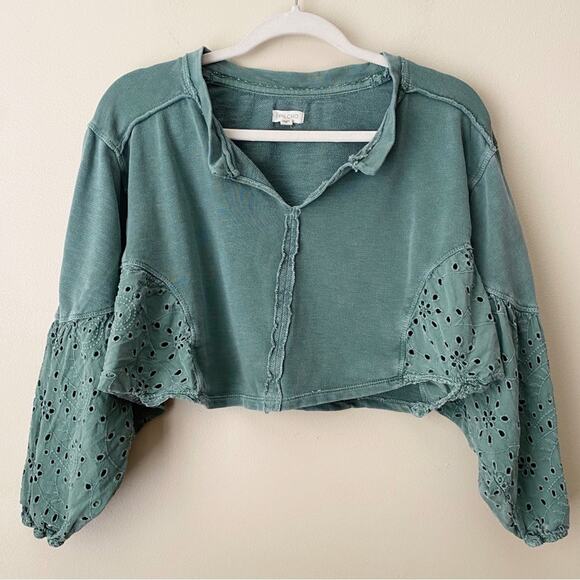 Pilcro | Batwing Eyelet Sleeve Crop Top Boho Festival Olive Green XSP Petite - Picture 4 of 7